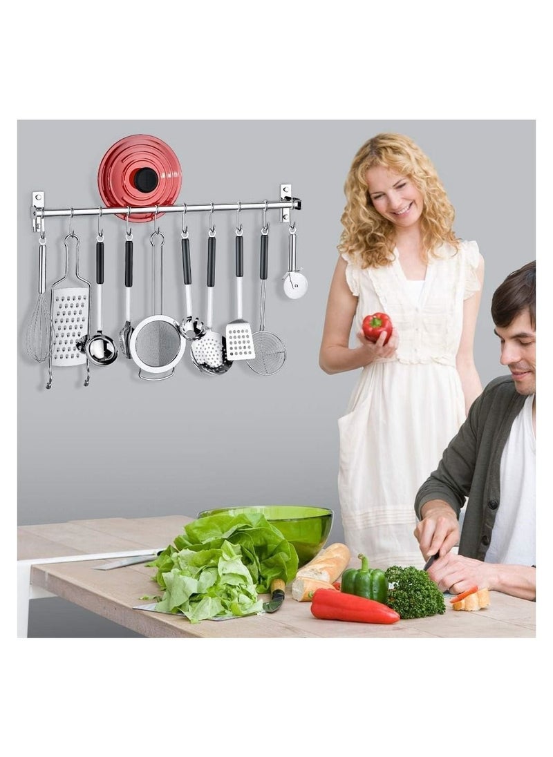 DMG TECH - Kitchen Utensil Rack Wall Mounted, Stainless Steel Hanging Rack Rail Organize Kitchen Tools with 8 Removable Sliding Hooks for Pot Lid Pan Spoon BBQ Tools, Cookware Hanger Bar - Image 1
