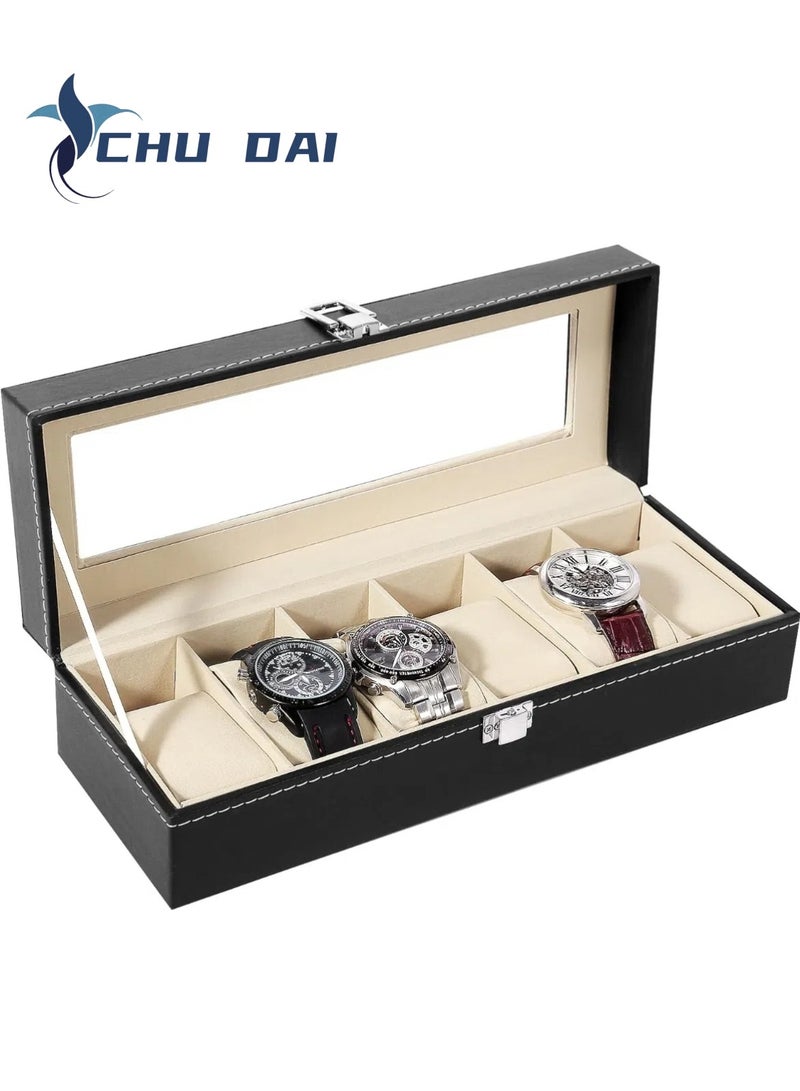 تشو داي صندوق ساعات، علبة ساعات بستة فتحات، منظم صندوق ساعات لتخزين المجوهرات مع غطاء زجاجي كبير، علبة عرض ساعات، صندوق ساعات للرجال والنساء - Image 1