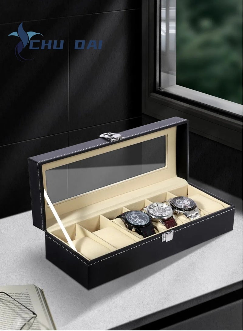 تشو داي صندوق ساعات، علبة ساعات بستة فتحات، منظم صندوق ساعات لتخزين المجوهرات مع غطاء زجاجي كبير، علبة عرض ساعات، صندوق ساعات للرجال والنساء - Image 2