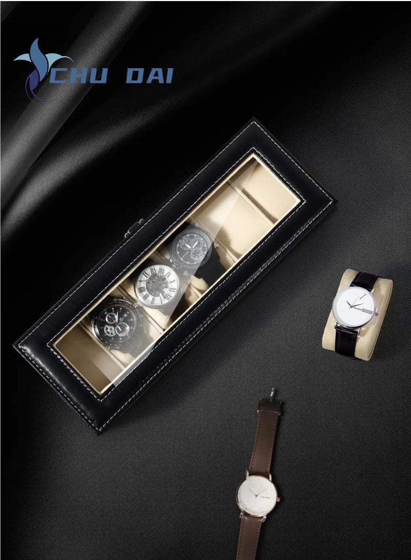 تشو داي صندوق ساعات، علبة ساعات بستة فتحات، منظم صندوق ساعات لتخزين المجوهرات مع غطاء زجاجي كبير، علبة عرض ساعات، صندوق ساعات للرجال والنساء - Image 3