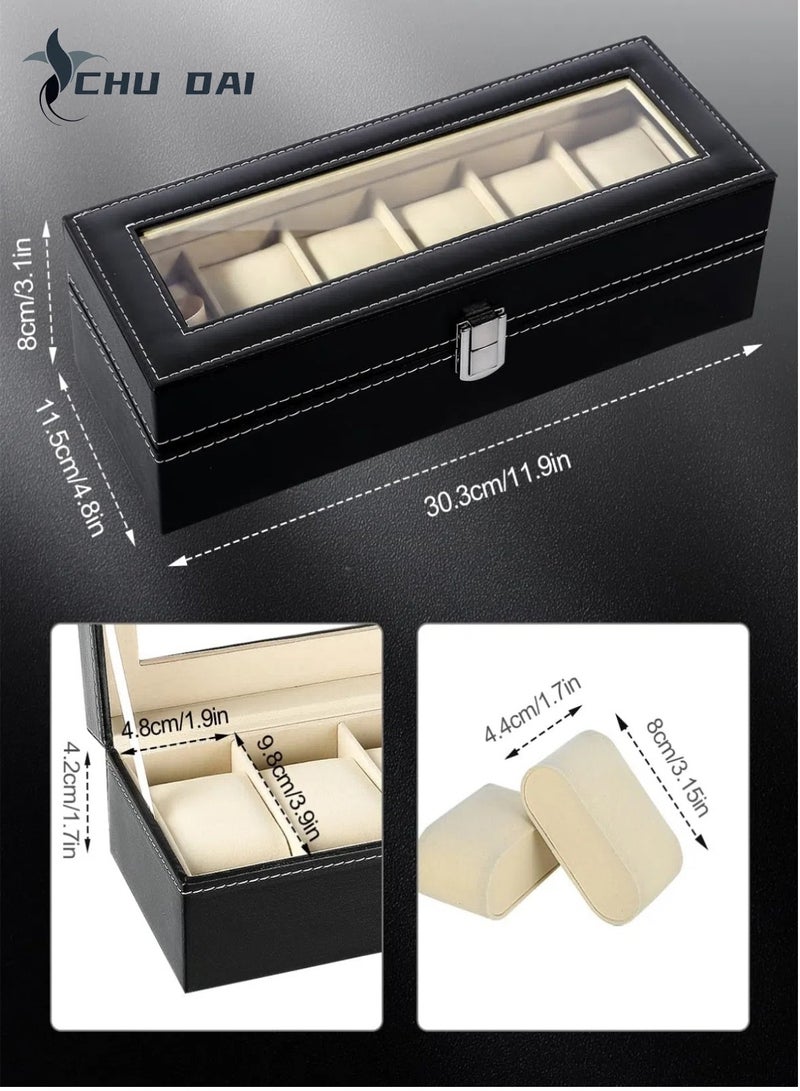 تشو داي صندوق ساعات، علبة ساعات بستة فتحات، منظم صندوق ساعات لتخزين المجوهرات مع غطاء زجاجي كبير، علبة عرض ساعات، صندوق ساعات للرجال والنساء - Image 4