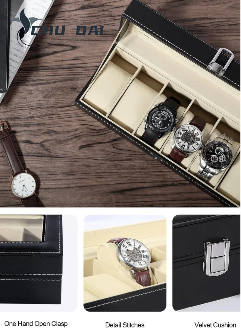 تشو داي صندوق ساعات، علبة ساعات بستة فتحات، منظم صندوق ساعات لتخزين المجوهرات مع غطاء زجاجي كبير، علبة عرض ساعات، صندوق ساعات للرجال والنساء - Image 5