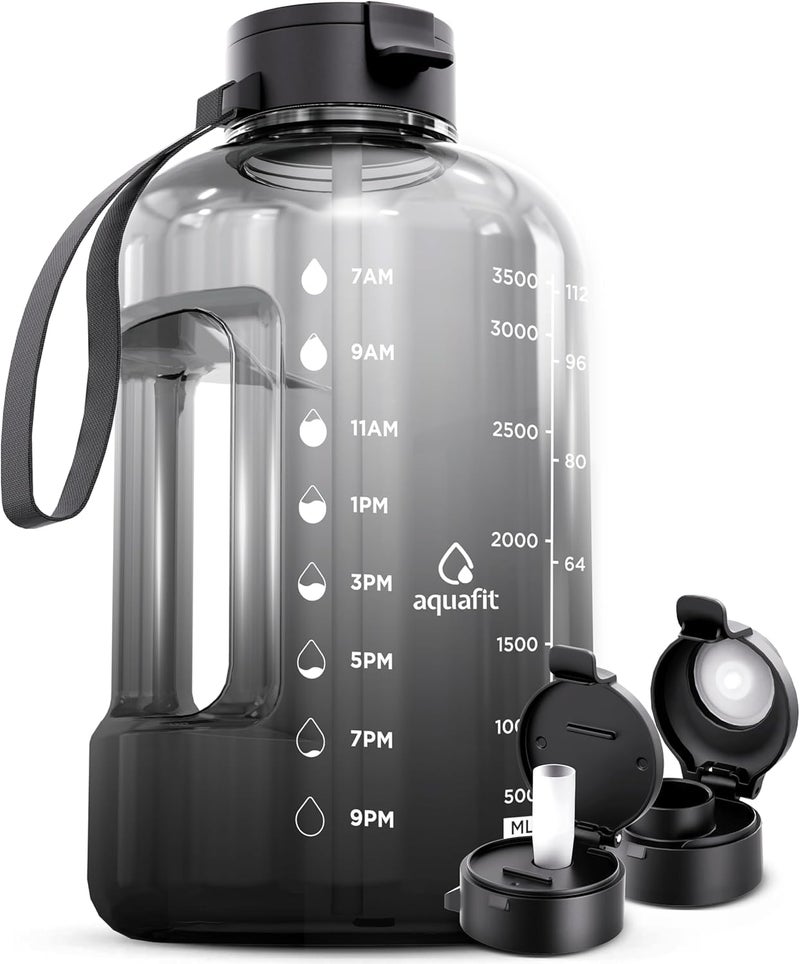 AQUAFIT 1 Gallon Water Bottle with Time Marker - Straw & Chug Lid - BPA Free Gym Water Bottle with Straw - Big Gallon Jug (Midnight Gray, 128 oz - 2 Lids) - Image 1