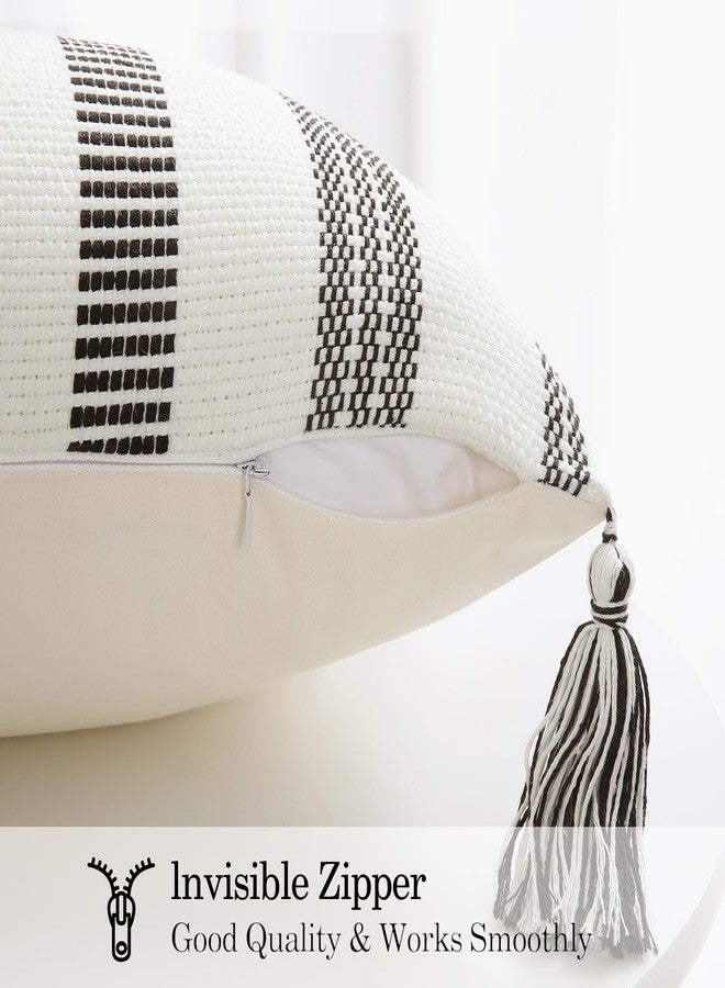 Smile Bee Boho Outdoor Couch Throw Pillow Covers Set of 2, Decorative Lumbar Thick Woven Striped Accent Neutral Pillow Covers with Tassels for Bed Sofa Home Decor, 12x20 Inch, Black and Cream White - Image 3