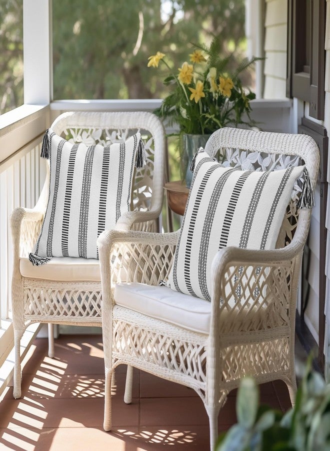 Smile Bee Boho Outdoor Couch Throw Pillow Covers Set of 2, Decorative Lumbar Thick Woven Striped Accent Neutral Pillow Covers with Tassels for Bed Sofa Home Decor, 12x20 Inch, Black and Cream White - Image 5