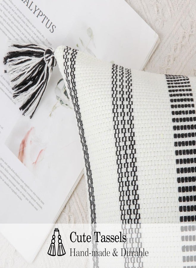 Smile Bee Boho Outdoor Couch Throw Pillow Covers Set of 2, Decorative Lumbar Thick Woven Striped Accent Neutral Pillow Covers with Tassels for Bed Sofa Home Decor, 12x20 Inch, Black and Cream White - Image 4