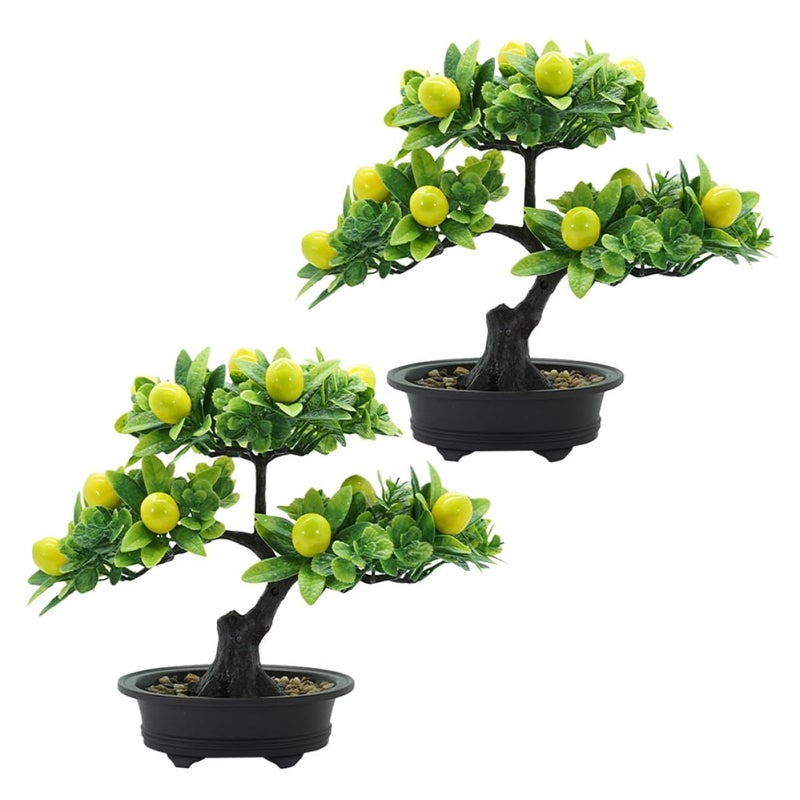 Unomor 2pcs Realistic Artificial Fruit Tree Bonsai Lifelike Potted Lemon Decor Light Green for Home Office Table Centerpiece Stress Relieving Low Maintenance Faux Plant - Image 2