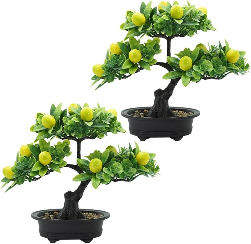 Unomor 2pcs Realistic Artificial Fruit Tree Bonsai Lifelike Potted Lemon Decor Light Green for Home Office Table Centerpiece Stress Relieving Low Maintenance Faux Plant - Image 1
