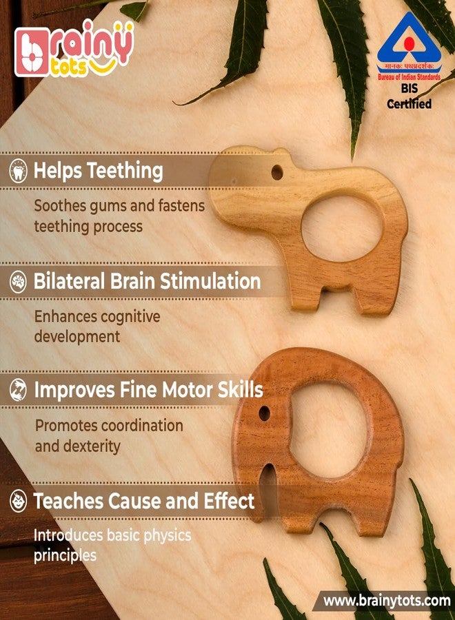 Brainytots Baby Neem Teethers Set - Elephant + Hippopotamus Shape | Made of Organic Neem Wood | Helps Boost Immunity & Aids in Digestion | Easy to Grasp & Chew | BIS Cerified - Image 2