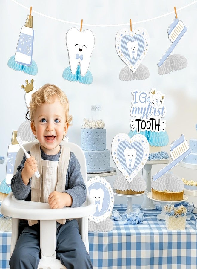 Merrystorm First Tooth Honeycomb Centerpieces Blue Dental Theme Party Table Decorations I Got My First Tooth Toothbrushes Centerpieces Table Topper for Boys First Tooth Party Baby Shower Decor Supplies - Image 2