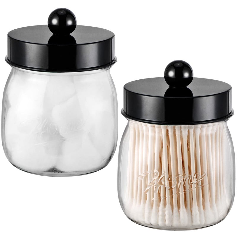 SheeChung Farmhouse Decor Apothecary Jar Set, Mason Jar Bathroom Vanity Storage Organizer Canister-Qtip Holder Plastic Acrylic Jar for Cotton Swabs, Cotton Pad, Floss Pick, Paper Clip, Hair Clip (2 Pack, Black) - Image 1