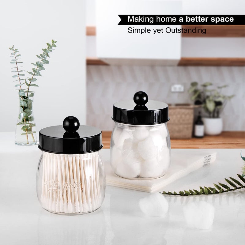 SheeChung Farmhouse Decor Apothecary Jar Set, Mason Jar Bathroom Vanity Storage Organizer Canister-Qtip Holder Plastic Acrylic Jar for Cotton Swabs, Cotton Pad, Floss Pick, Paper Clip, Hair Clip (2 Pack, Black) - Image 4