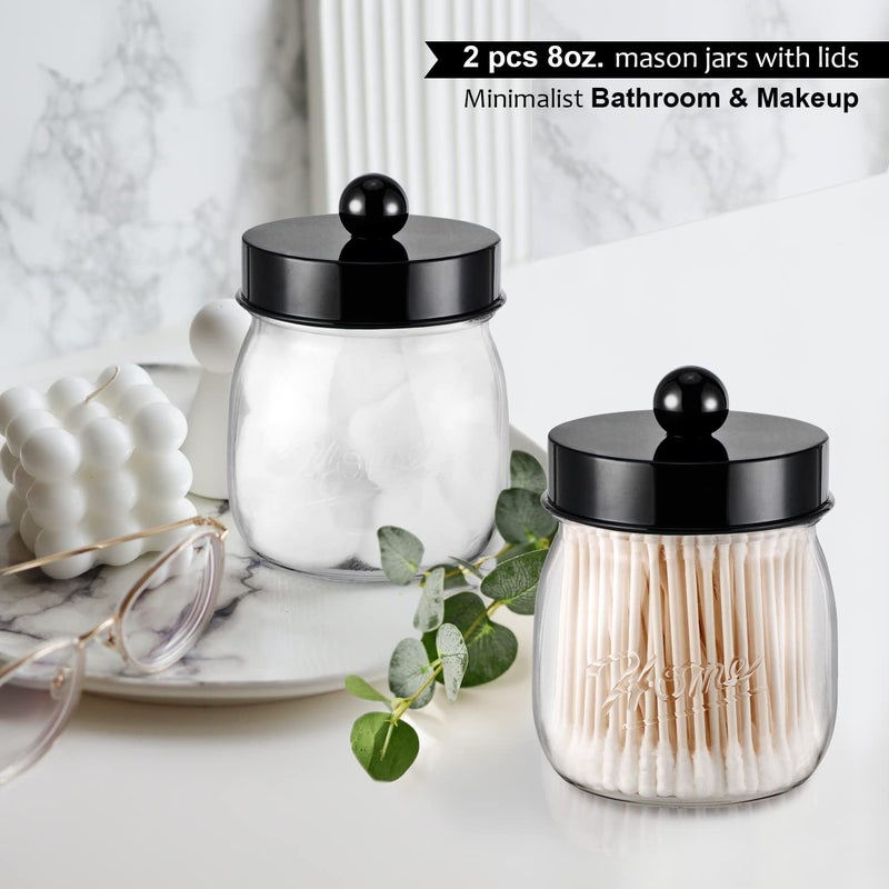 SheeChung Farmhouse Decor Apothecary Jar Set, Mason Jar Bathroom Vanity Storage Organizer Canister-Qtip Holder Plastic Acrylic Jar for Cotton Swabs, Cotton Pad, Floss Pick, Paper Clip, Hair Clip (2 Pack, Black) - Image 2