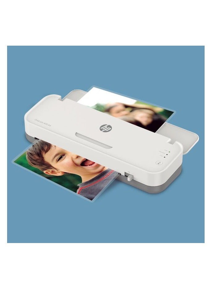 HP OneLam 400 A4 Compact Office Laminator Machine, Hot/Cold Lamination, Business Cards to A4 Sheets, 75/80-125mic - 3160 White - Image 3