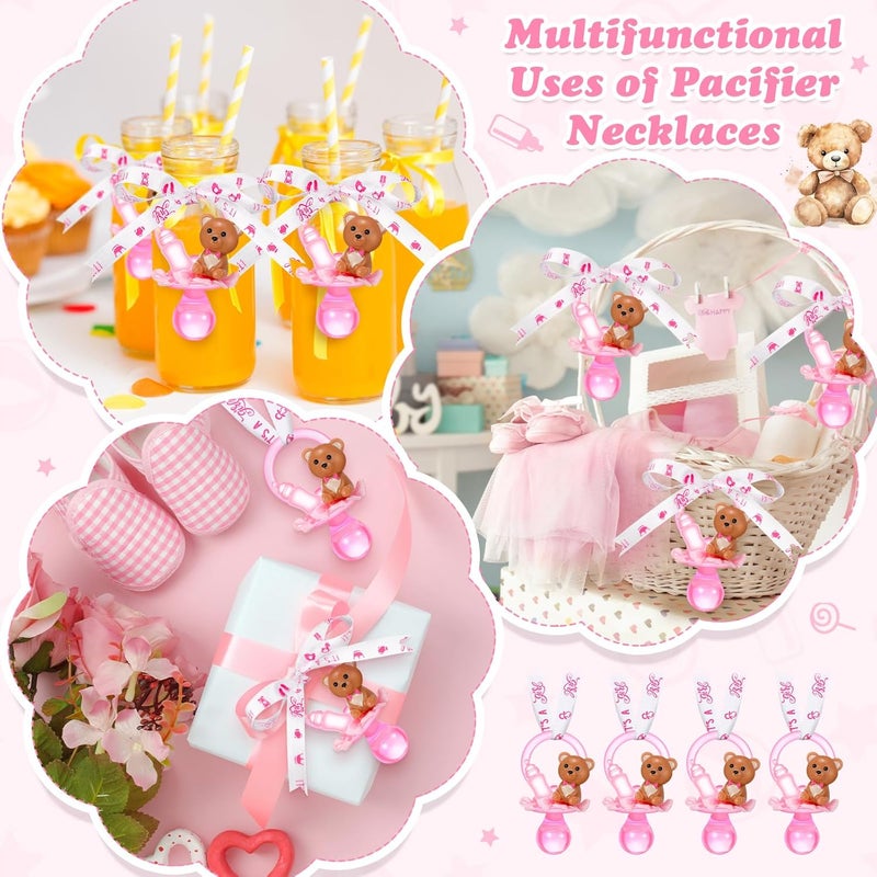 Coume 36 Pcs Baby Shower Pacifiers Necklace Bear Bottle Acrylic Baby Pacifiers Charm Necklace for Guests Gender Reveal Party Favors Prize Table ScatterGirlWhite Pink - Image 5