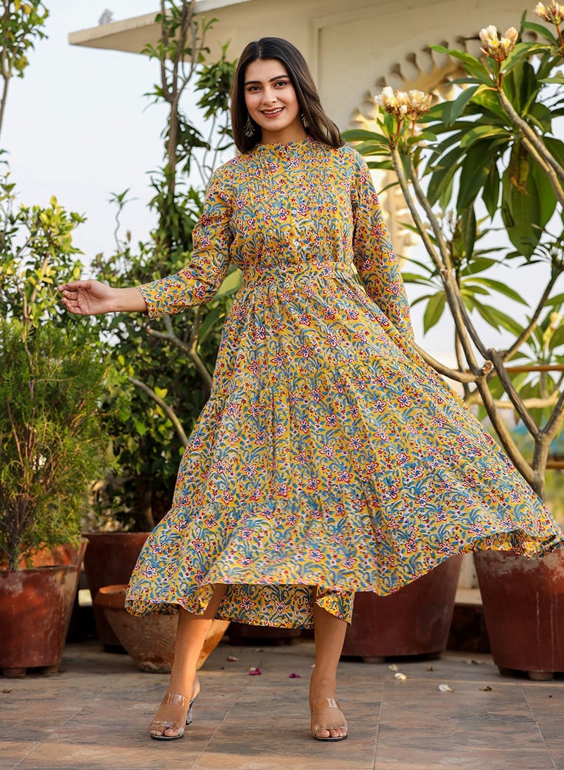Swadesh Souq Yellow Ethnic Motifs Printed Cotton Fit & Flare Midi Dress – Traditional & Elegant - Image 1