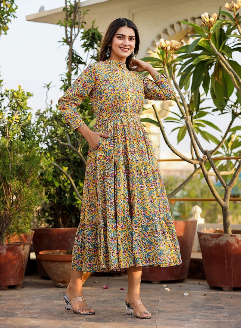 Swadesh Souq Yellow Ethnic Motifs Printed Cotton Fit & Flare Midi Dress – Traditional & Elegant - Image 2