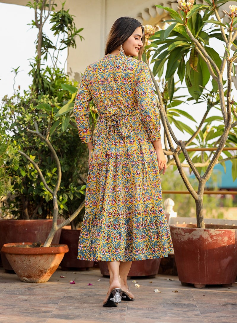 Swadesh Souq Yellow Ethnic Motifs Printed Cotton Fit & Flare Midi Dress – Traditional & Elegant - Image 4