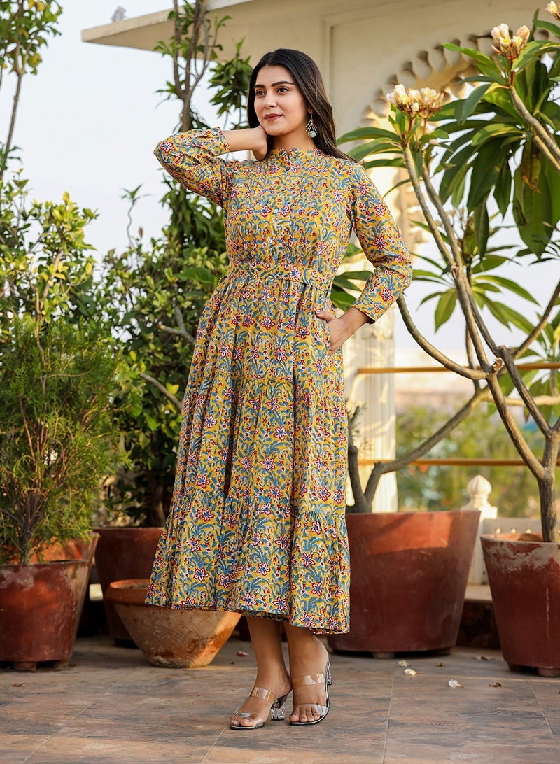 Swadesh Souq Yellow Ethnic Motifs Printed Cotton Fit & Flare Midi Dress – Traditional & Elegant - Image 3