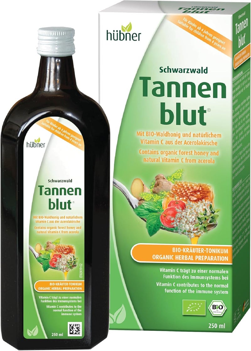 Hubner Tannenblut Organic Herbal Preparation Honey Cough Syrup Cold and Sore Throat Support Soothing Relief Vitamin C Supplement for Adults and Kids 4 and Older Kosher and AlcoholFree 250 ml - Image 1