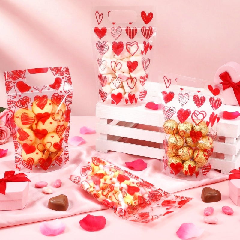Blosssound 50 Pcs Valentine's Day Gift Bags Valentines Standing Plastic Reusable Red Heart Bag with Handles Galentines Day Wrapping Pouch for Classroom Wedding Birthday Party Favor (Mixed Valentines) - Image 4