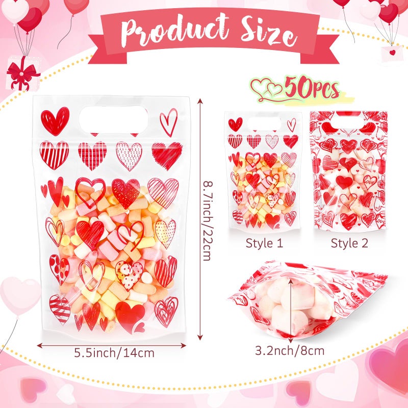 Blosssound 50 Pcs Valentine's Day Gift Bags Valentines Standing Plastic Reusable Red Heart Bag with Handles Galentines Day Wrapping Pouch for Classroom Wedding Birthday Party Favor (Mixed Valentines) - Image 2
