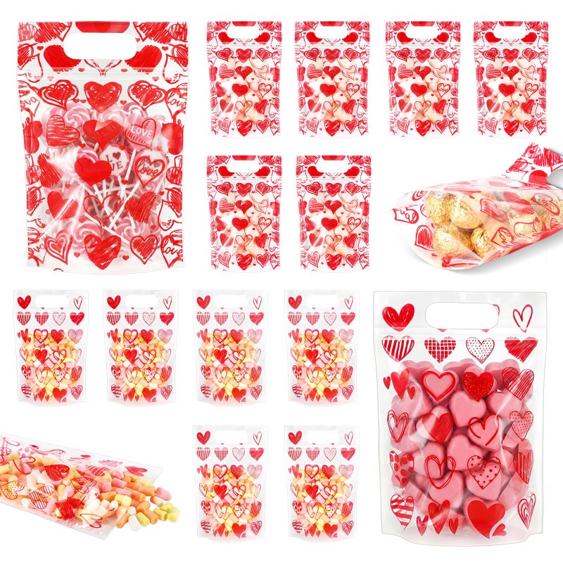 Blosssound 50 Pcs Valentine's Day Gift Bags Valentines Standing Plastic Reusable Red Heart Bag with Handles Galentines Day Wrapping Pouch for Classroom Wedding Birthday Party Favor (Mixed Valentines) - Image 1