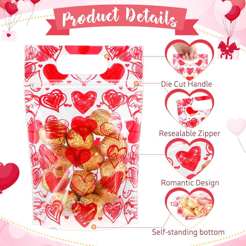 Blosssound 50 Pcs Valentine's Day Gift Bags Valentines Standing Plastic Reusable Red Heart Bag with Handles Galentines Day Wrapping Pouch for Classroom Wedding Birthday Party Favor (Mixed Valentines) - Image 3