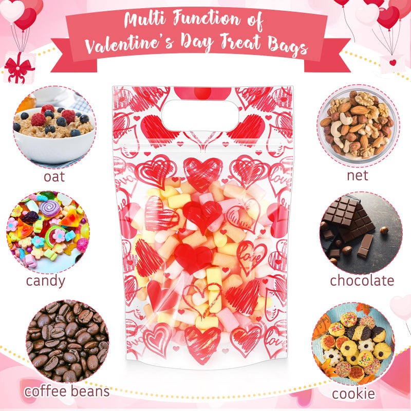 Blosssound 50 Pcs Valentine's Day Gift Bags Valentines Standing Plastic Reusable Red Heart Bag with Handles Galentines Day Wrapping Pouch for Classroom Wedding Birthday Party Favor (Mixed Valentines) - Image 5