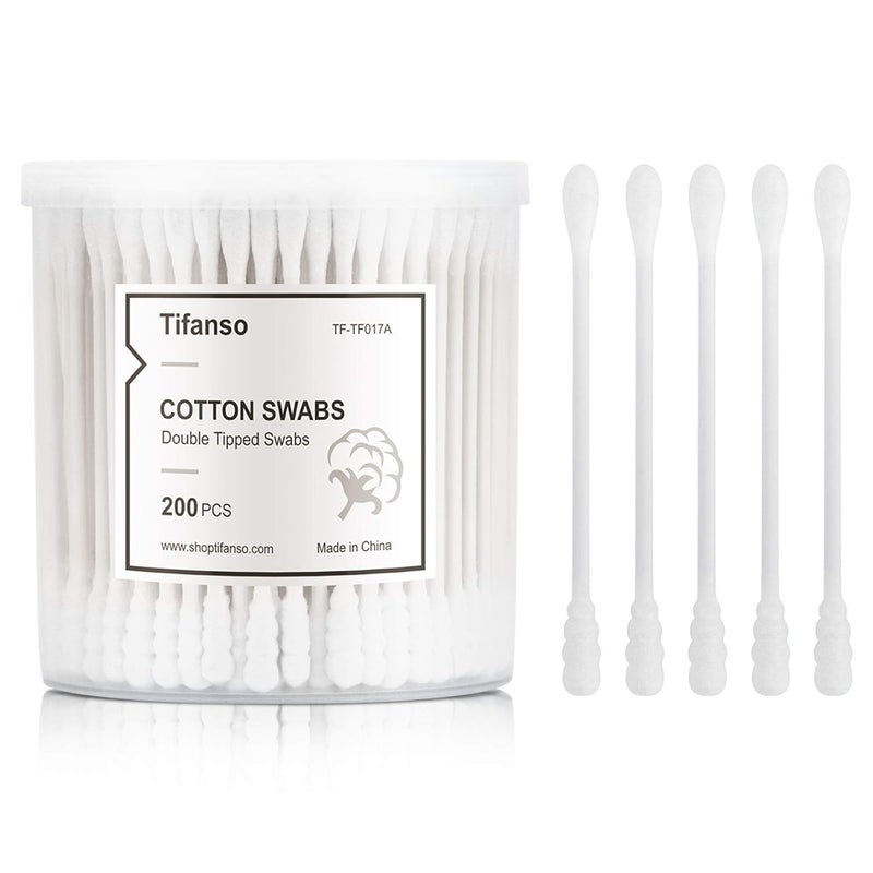 tifanso 200 Count Cotton Swabs, Natural Double Tipped Cotton Buds, Cruelty-Free Ear Swabs, Chlorine-Free Hypoallergenic(White)