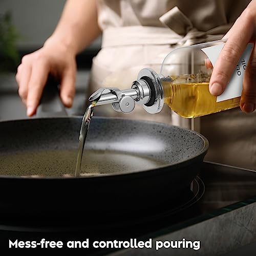 Spaceneat Olive Oil Dispenser Bottle - Includes 55 Kitchen Essential Labels - Cooking Oil Bottles for Kitchen, Coffee Syrup Dispenser - Pourer Spout with 11.8 fl oz Glass Container Cruet - 2pcs Silver - Image 4