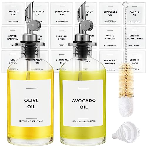 Spaceneat Olive Oil Dispenser Bottle - Includes 55 Kitchen Essential Labels - Cooking Oil Bottles for Kitchen, Coffee Syrup Dispenser - Pourer Spout with 11.8 fl oz Glass Container Cruet - 2pcs Silver - Image 1