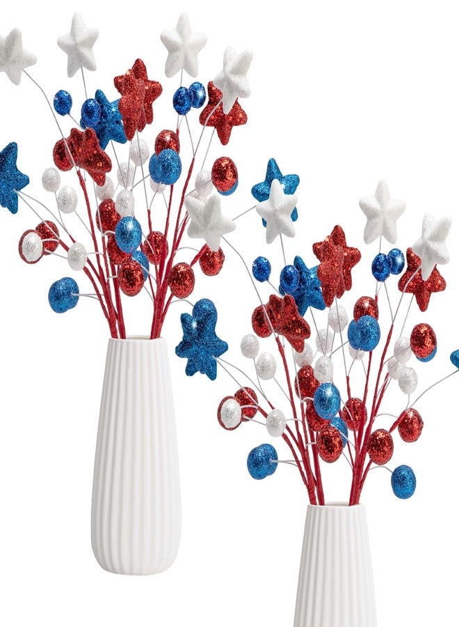 Watayo 8 Pack 15" Large Patriotic Glitter Ball Centerpiece Stems, Independence Day Artificial Berry Stem Star Picks, 4th of July Red White Blue Pentagram Faux Berry Branch Sticks for Memorial Day Home Decor - Image 1