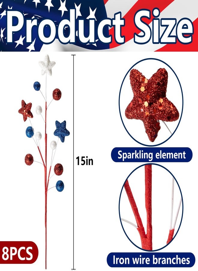 Watayo 8 Pack 15" Large Patriotic Glitter Ball Centerpiece Stems, Independence Day Artificial Berry Stem Star Picks, 4th of July Red White Blue Pentagram Faux Berry Branch Sticks for Memorial Day Home Decor - Image 2