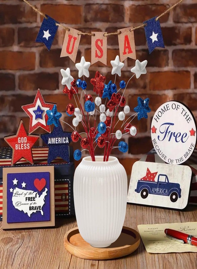 Watayo 8 Pack 15" Large Patriotic Glitter Ball Centerpiece Stems, Independence Day Artificial Berry Stem Star Picks, 4th of July Red White Blue Pentagram Faux Berry Branch Sticks for Memorial Day Home Decor - Image 5