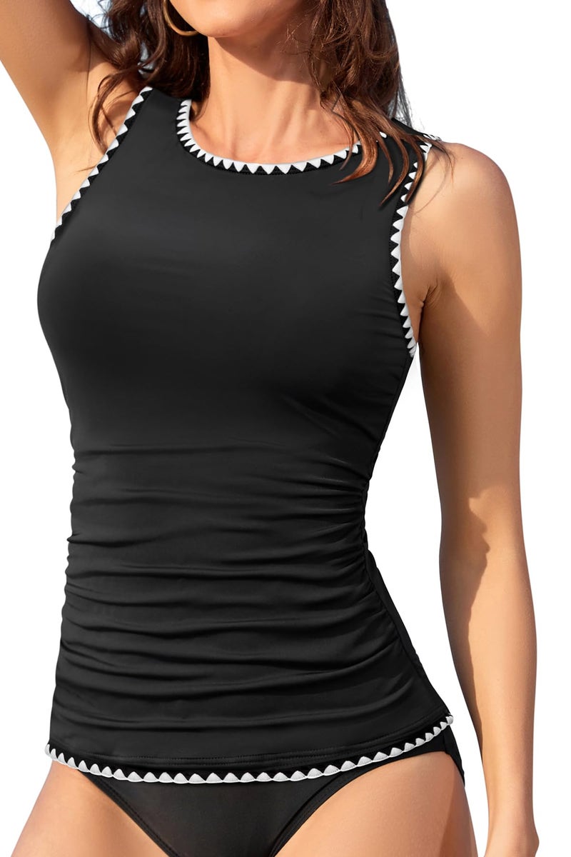 Daci Black with White Tankini Tops for Women High Neck Swim Top Tummy Control Bathing Suit Top Modest Swim Tank Top No Bottom L - Image 3