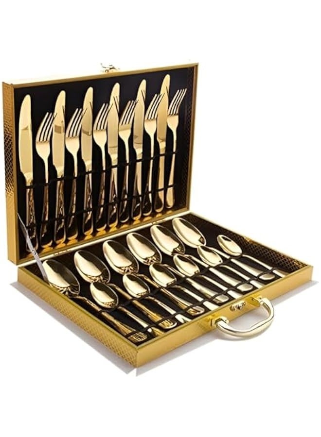 24Pcs Cutlery Set Stainless Steel Flatware Tableware Golden Cutlery Set Spoons Knives Forks For Kitchen(Gold) - Image 1