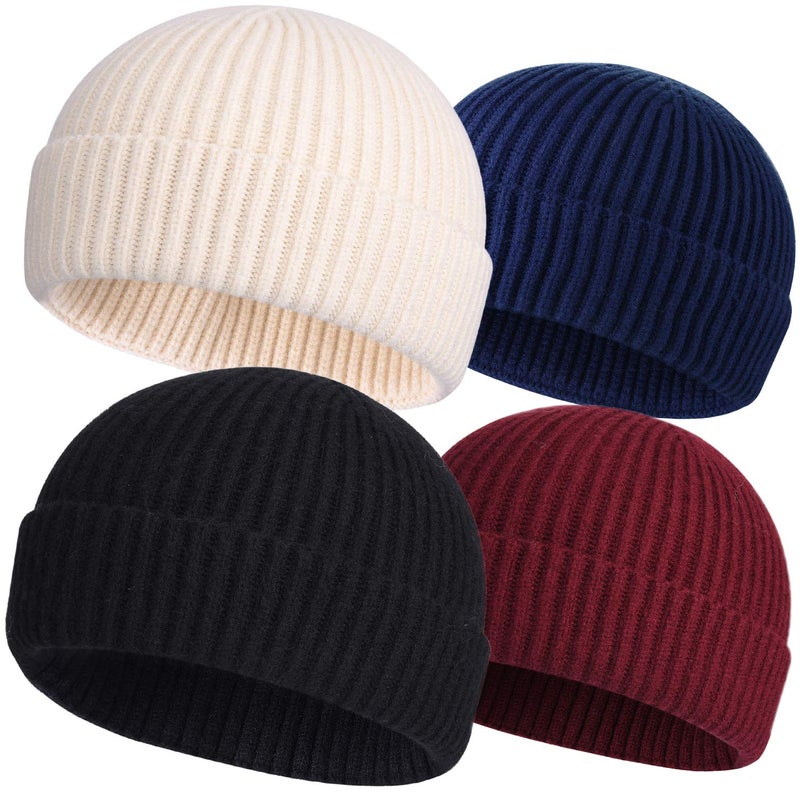 ROYBENS 4pcs Wool Fisherman Beanies for Men, Knit Short Watch Cap Winter Warm Hats - Image 1