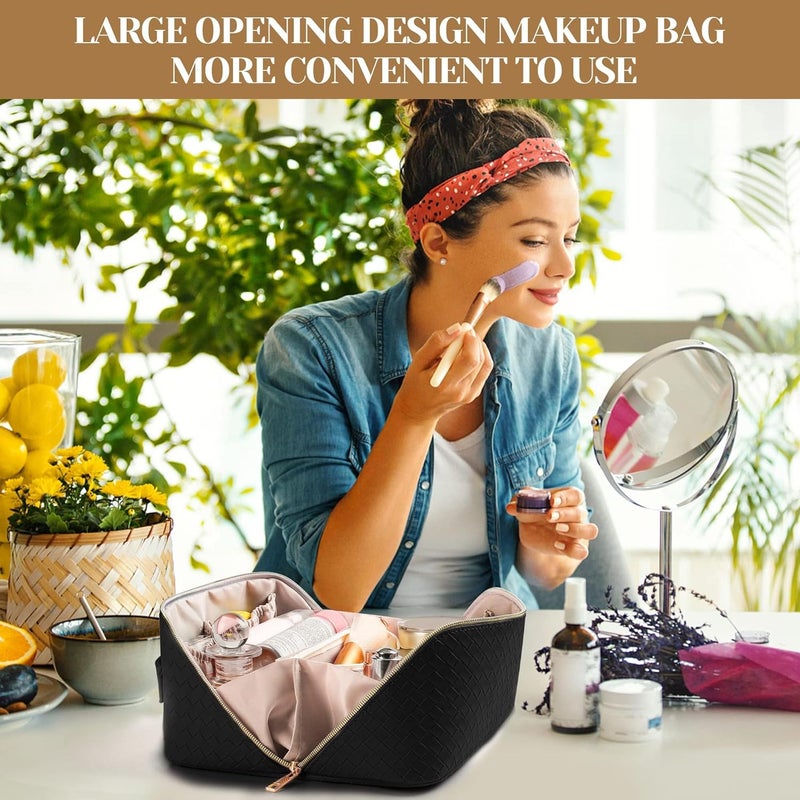 Large Capacity Travel Cosmetic Bag - Waterproof PU Leather Makeup Organizer with Handle and Divider - Image 2
