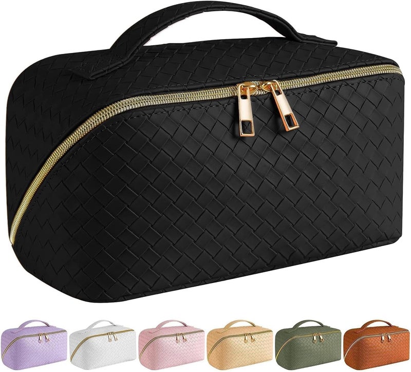 Large Capacity Travel Cosmetic Bag - Waterproof PU Leather Makeup Organizer with Handle and Divider - Image 1