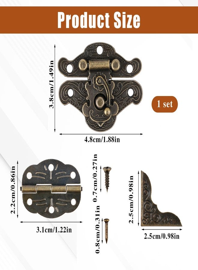 salbsever 96PCS Engraved Latch Hasp Small Hinges for Wooden Box Jewelry Right Hook Hinges and Box Corner Protectors Hardware Kit Vintage Bronze Hinge with Matching Screws for Decorative Cabinet Small Wooden Box - Image 2