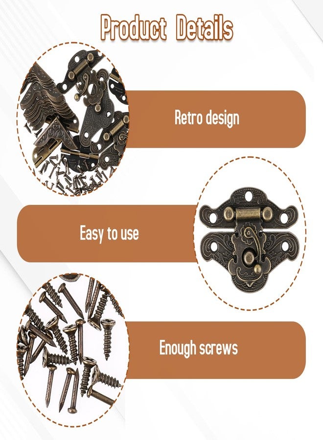 salbsever 96PCS Engraved Latch Hasp Small Hinges for Wooden Box Jewelry Right Hook Hinges and Box Corner Protectors Hardware Kit Vintage Bronze Hinge with Matching Screws for Decorative Cabinet Small Wooden Box - Image 3