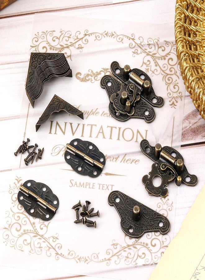 salbsever 96PCS Engraved Latch Hasp Small Hinges for Wooden Box Jewelry Right Hook Hinges and Box Corner Protectors Hardware Kit Vintage Bronze Hinge with Matching Screws for Decorative Cabinet Small Wooden Box - Image 4