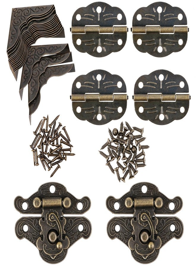 salbsever 96PCS Engraved Latch Hasp Small Hinges for Wooden Box Jewelry Right Hook Hinges and Box Corner Protectors Hardware Kit Vintage Bronze Hinge with Matching Screws for Decorative Cabinet Small Wooden Box - Image 1