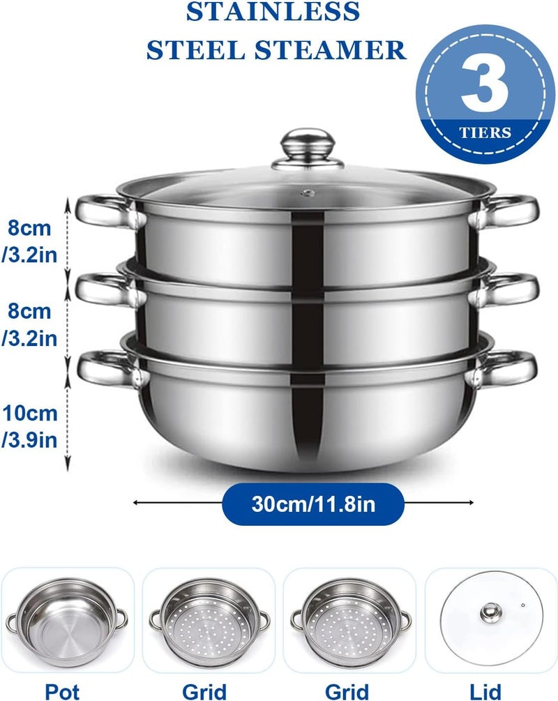 URBazaar قدر بخار من الفولاذ المقاوم للصدأ 3 طوابق للطبخ، قدر بخار متعدد الطبقات 11.8 بوصة مع غطاء زجاجي ومقابض، قاع كبسولة البخار لطعام البخار مثل الزلابية، قدر البخار، مبخرة الخضار (3 طوابق) - Image 2