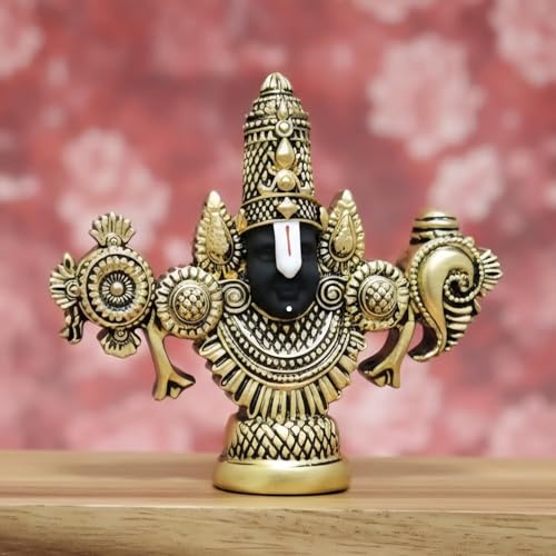 ARNAVIRA Lord Balaji Face Idol | 4.2 x 3.5 Inch Gold Plated Venkateswara Face Murti for Pooja Room | Car Dashboard | Gifting | Home Temple Decor - Image 1