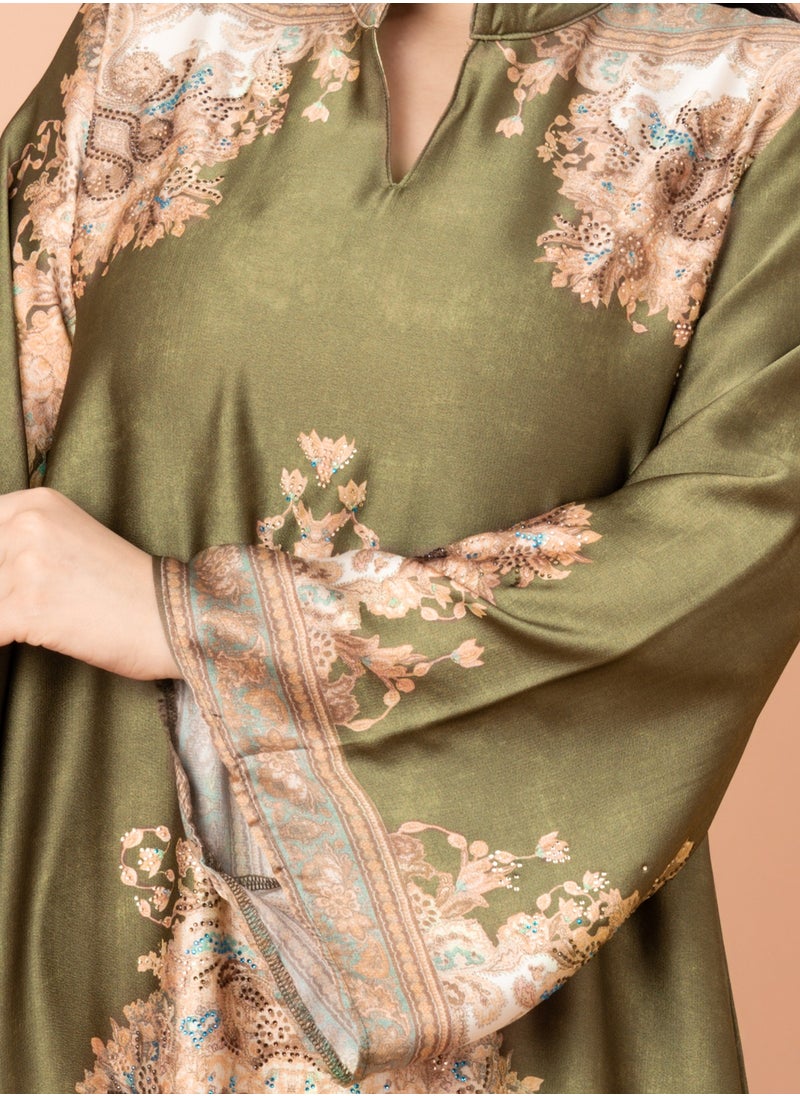 IKKXA - Mandarin Collar Printed Jalabiya IK1011 Green - Image 1