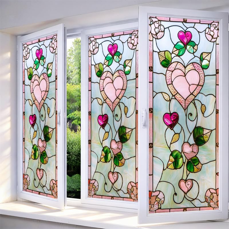 IVN Stained Glass Window Film Pink Heart Floral Design 17.7x39.3 inch Window Privacy Film Stained Decals Static Cling Sun Blocking Decor for Home Office Windows Door Glass Partitions - Image 1