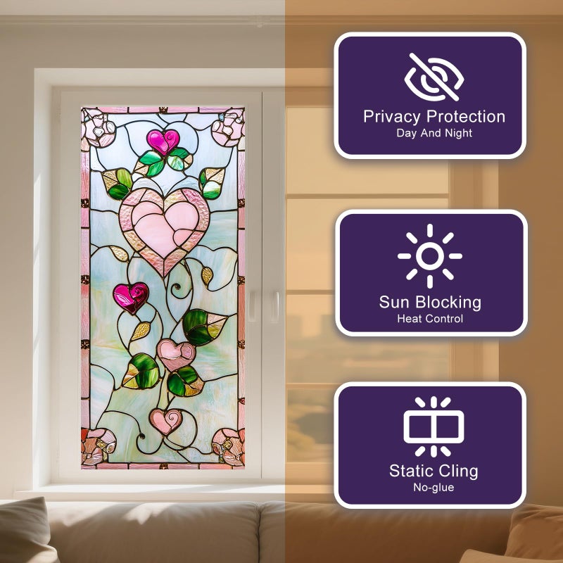 IVN Stained Glass Window Film Pink Heart Floral Design 17.7x39.3 inch Window Privacy Film Stained Decals Static Cling Sun Blocking Decor for Home Office Windows Door Glass Partitions - Image 2