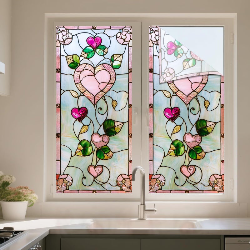 IVN Stained Glass Window Film Pink Heart Floral Design 17.7x39.3 inch Window Privacy Film Stained Decals Static Cling Sun Blocking Decor for Home Office Windows Door Glass Partitions - Image 5